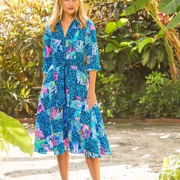 Lilly Pulitzer Vibrant Blue and Pink Long Sleeve Dress midi anniversary 16 rare - Picture 3 of 13